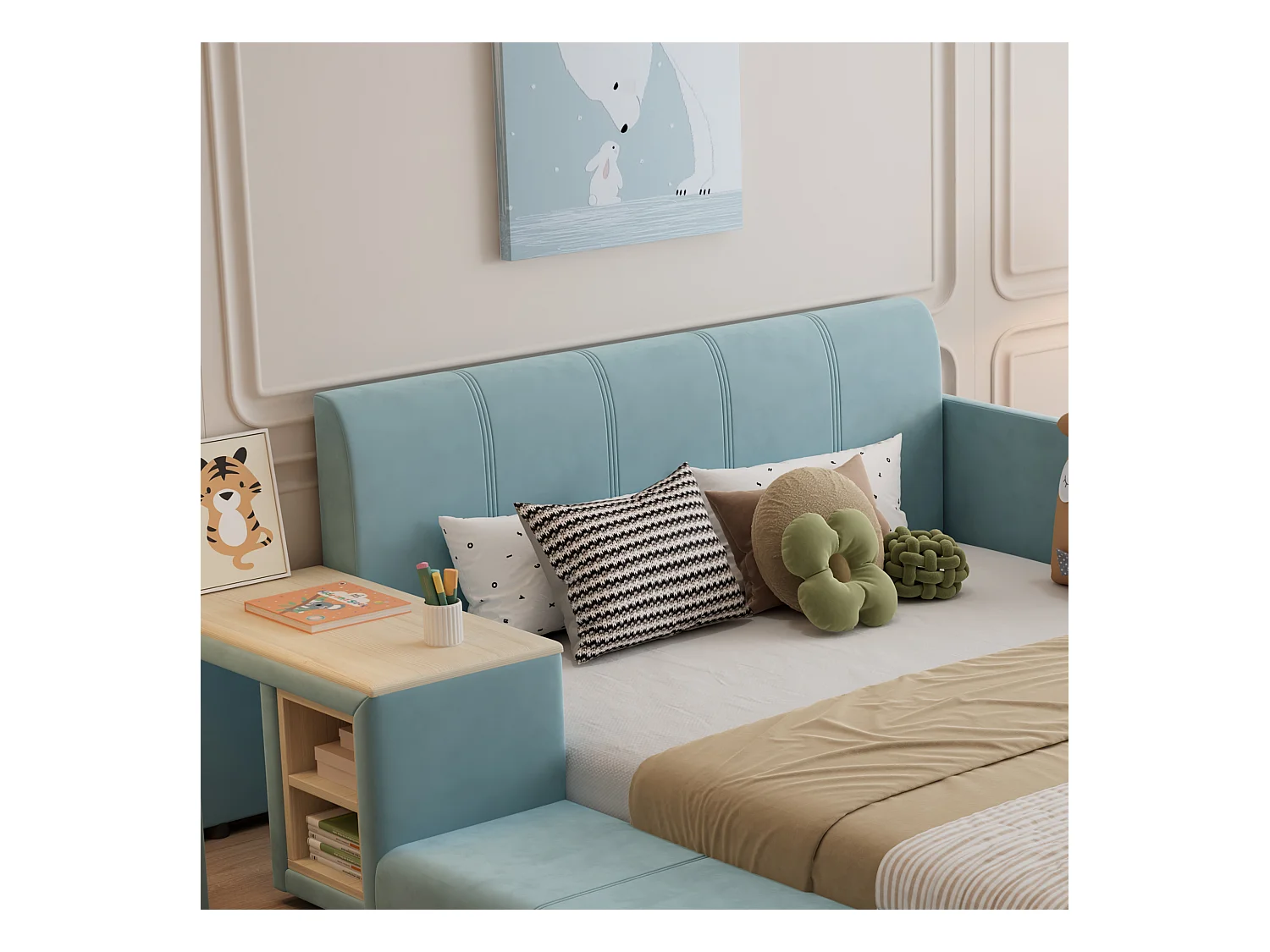 Lit enfant 140x200cm rembourré en velours - avec bureau et tabouret pour enfants - avec étagère de rangement - Bleu (sans matelas)