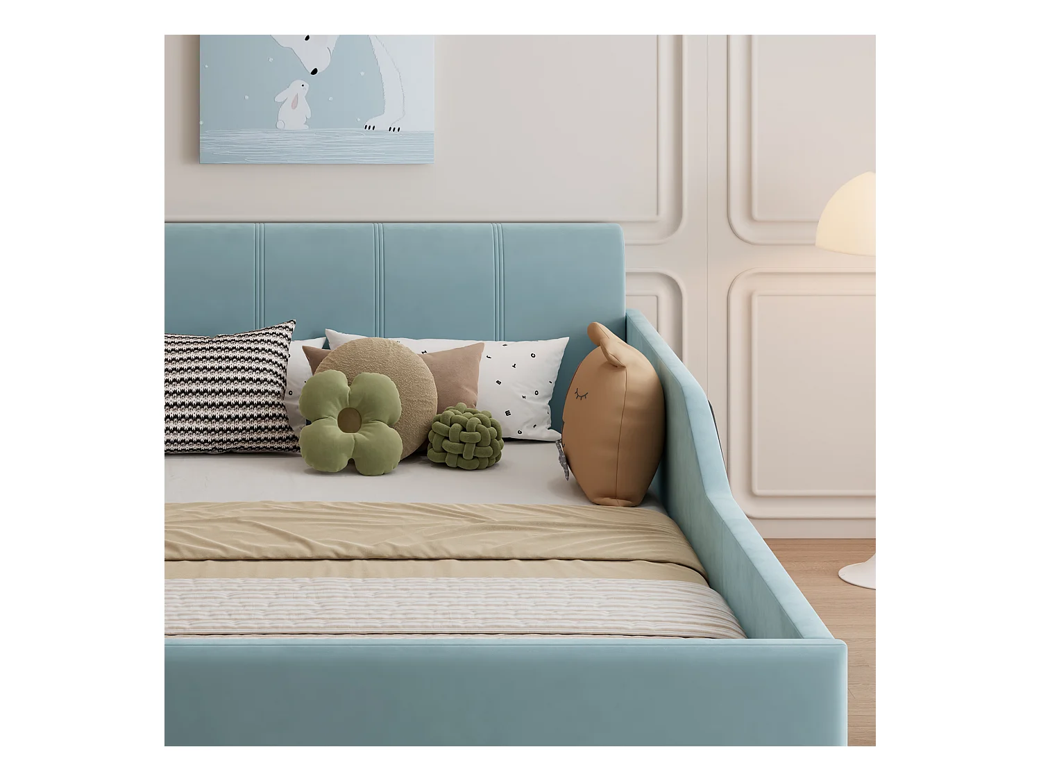 Lit enfant 140x200cm rembourré en velours - avec bureau et tabouret pour enfants - avec étagère de rangement - Bleu (sans matelas)