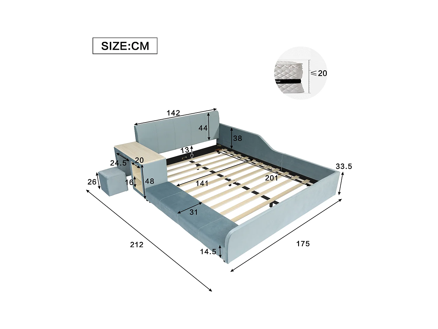 Lit enfant 140x200cm rembourré en velours - avec bureau et tabouret pour enfants - avec étagère de rangement - Bleu (sans matelas)