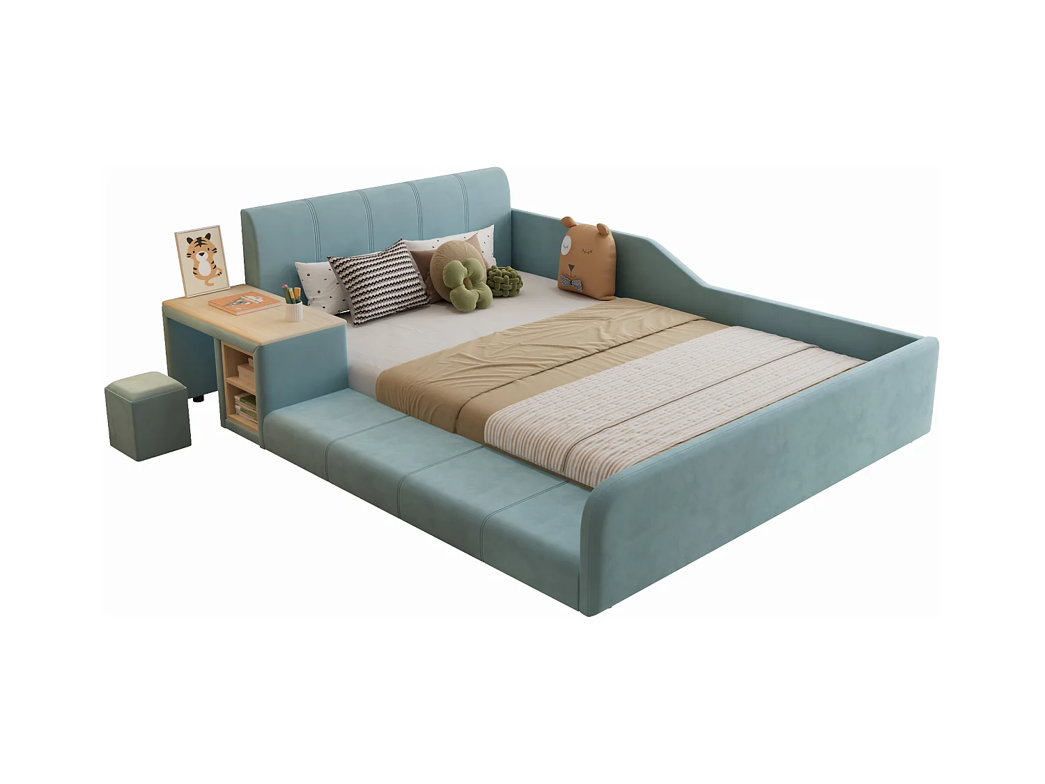 Lit enfant 140x200cm rembourré en velours - avec bureau et tabouret pour enfants - avec étagère de rangement - Bleu (sans matelas)