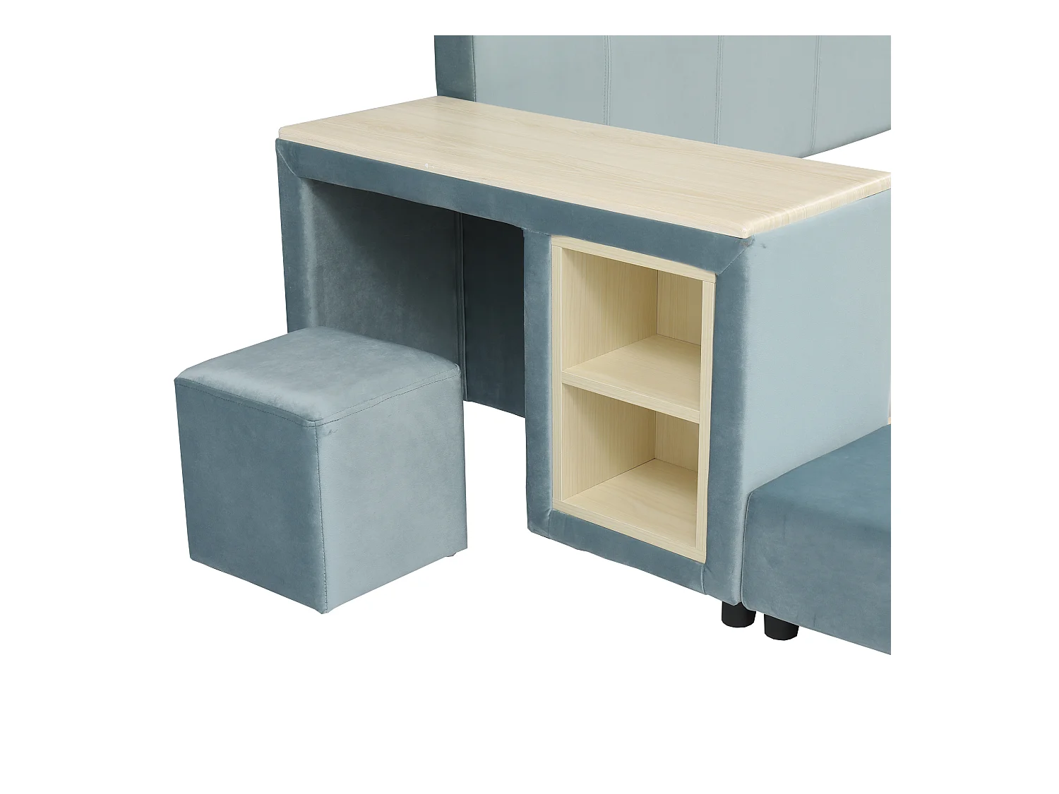 Lit enfant 140x200cm rembourré en velours - avec bureau et tabouret pour enfants - avec étagère de rangement - Bleu (sans matelas)