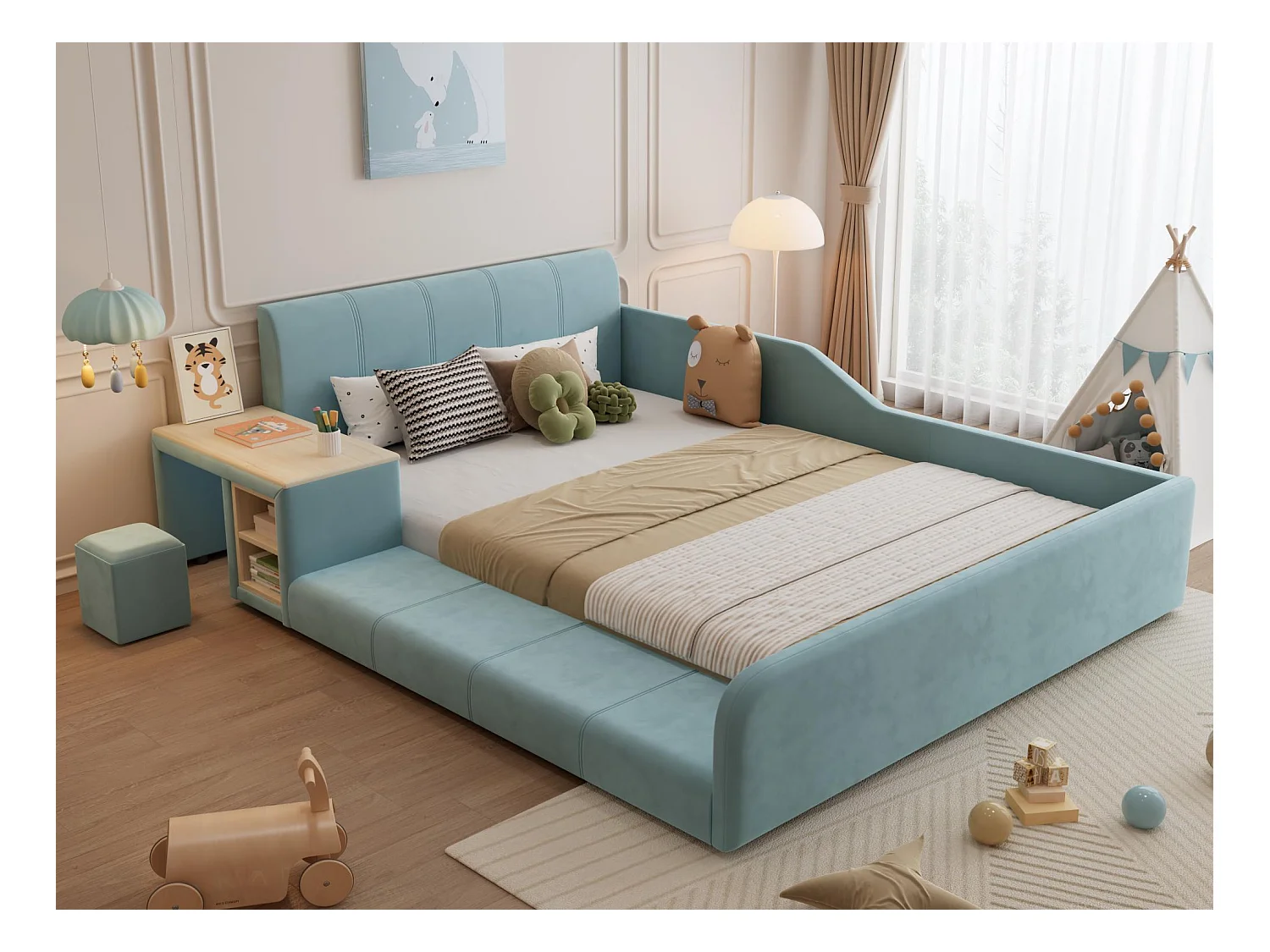 Lit enfant 140x200cm rembourré en velours - avec bureau et tabouret pour enfants - avec étagère de rangement - Bleu (sans matelas)