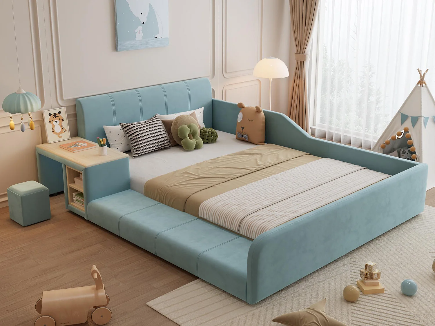 Lit enfant 140x200cm rembourré en velours - avec bureau et tabouret pour enfants - avec étagère de rangement - Bleu (sans matelas)