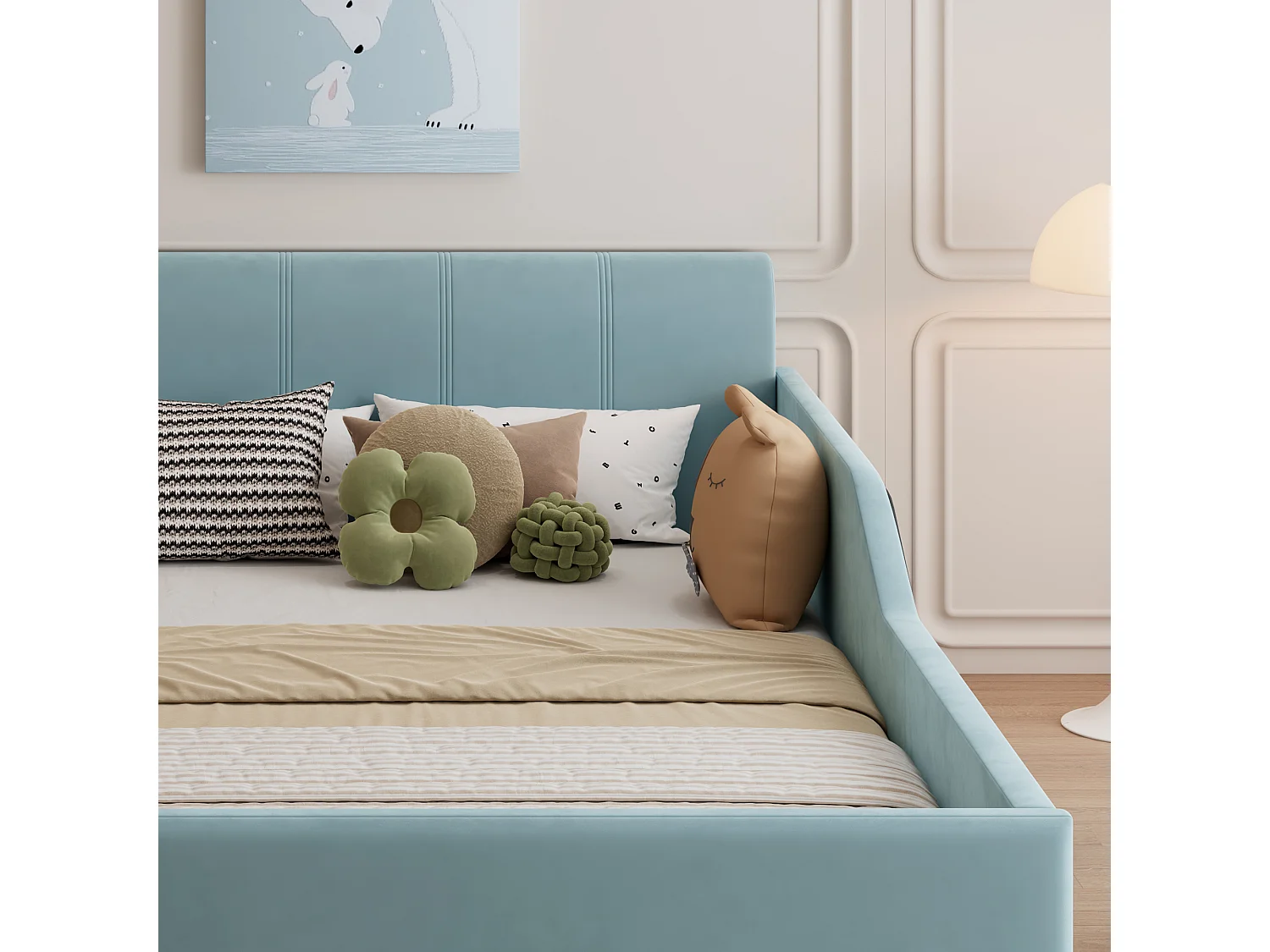 Lit enfant 140x200cm rembourré en velours - avec bureau et tabouret pour enfants - avec étagère de rangement - Bleu (sans matelas)