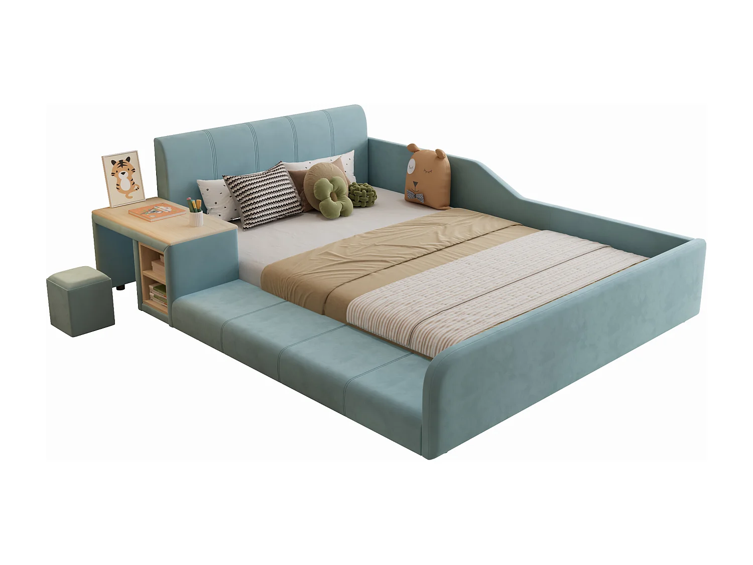 Lit enfant 140x200cm rembourré en velours - avec bureau et tabouret pour enfants - avec étagère de rangement - Bleu (sans matelas)