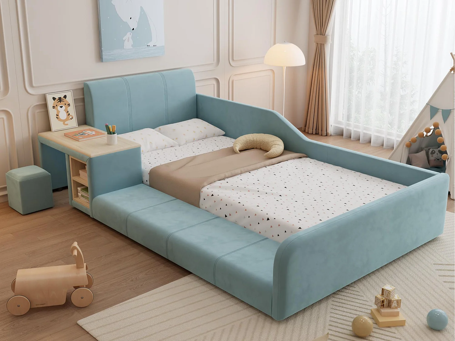 Cama infantil 90x200 cm acolchada en terciopelo - con escritorio y taburete infantil - con estante de almacenamiento - Azul (sin colchón)