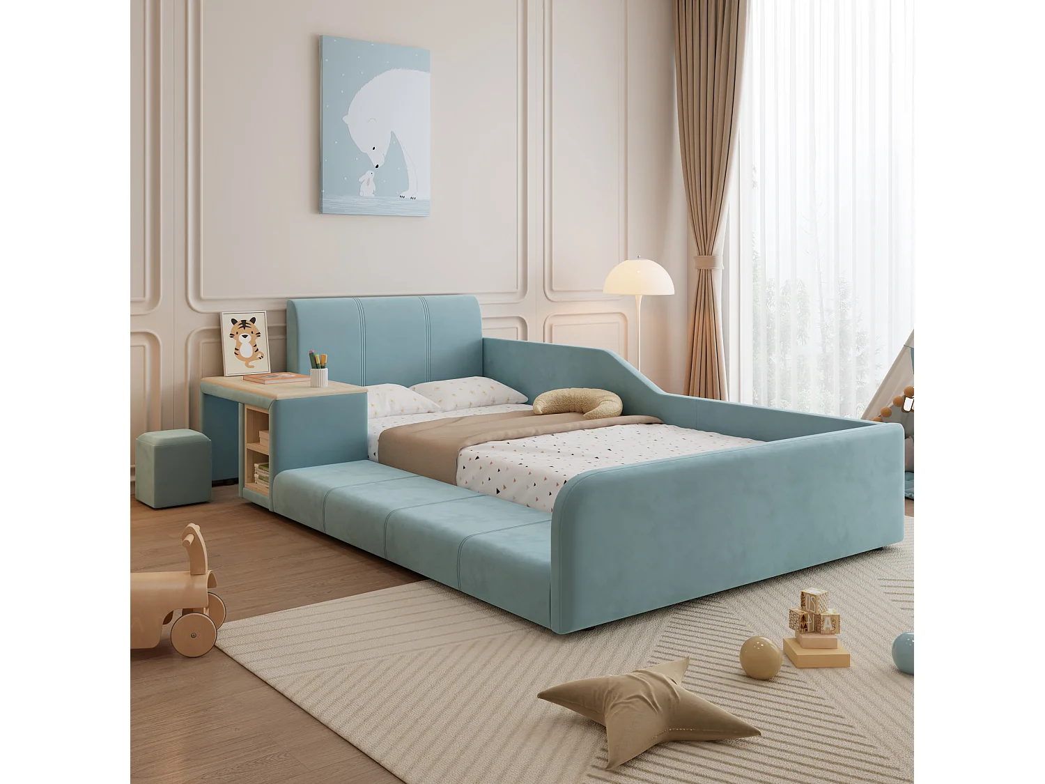 Cama infantil 90x200 cm acolchada en terciopelo - con escritorio y taburete infantil - con estante de almacenamiento - Azul (sin colchón)