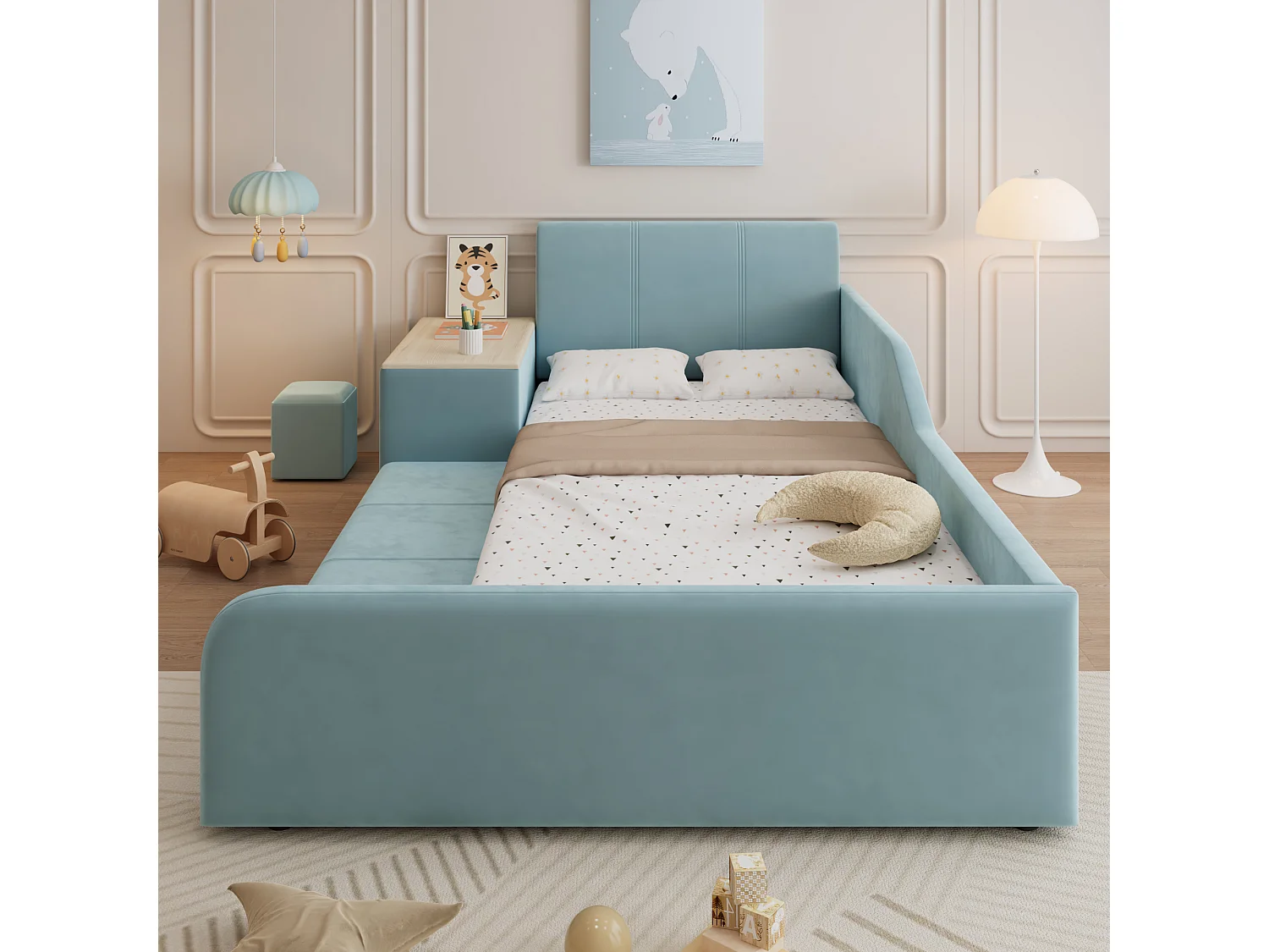 Cama infantil 90x200 cm acolchada en terciopelo - con escritorio y taburete infantil - con estante de almacenamiento - Azul (sin colchón)
