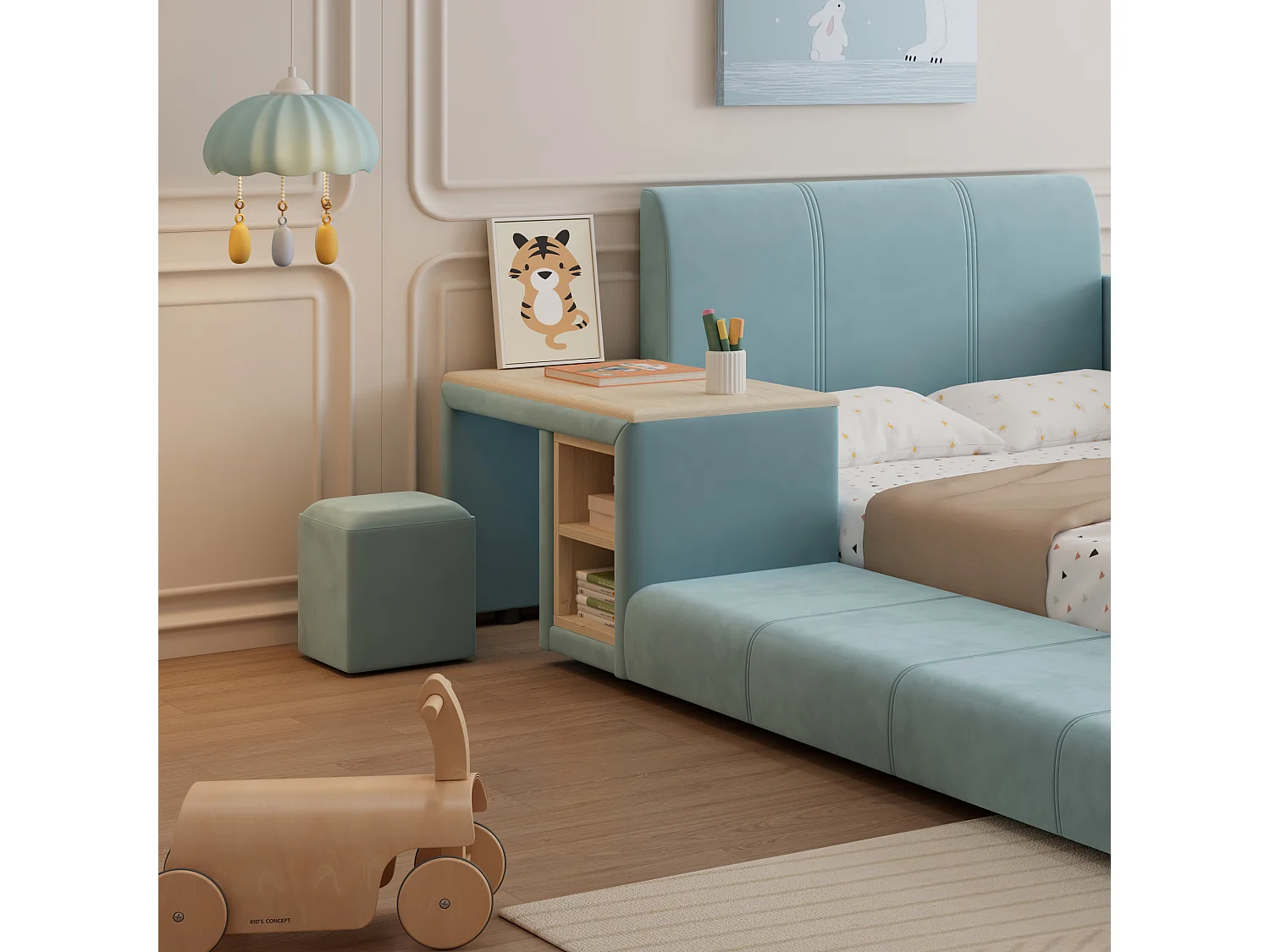 Cama infantil 90x200 cm acolchada en terciopelo - con escritorio y taburete infantil - con estante de almacenamiento - Azul (sin colchón)