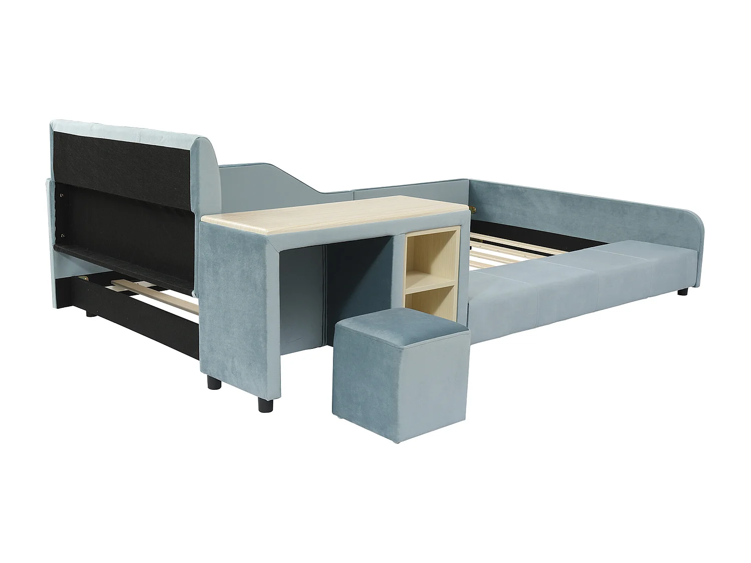 Cama infantil 90x200 cm acolchada en terciopelo - con escritorio y taburete infantil - con estante de almacenamiento - Azul (sin colchón)