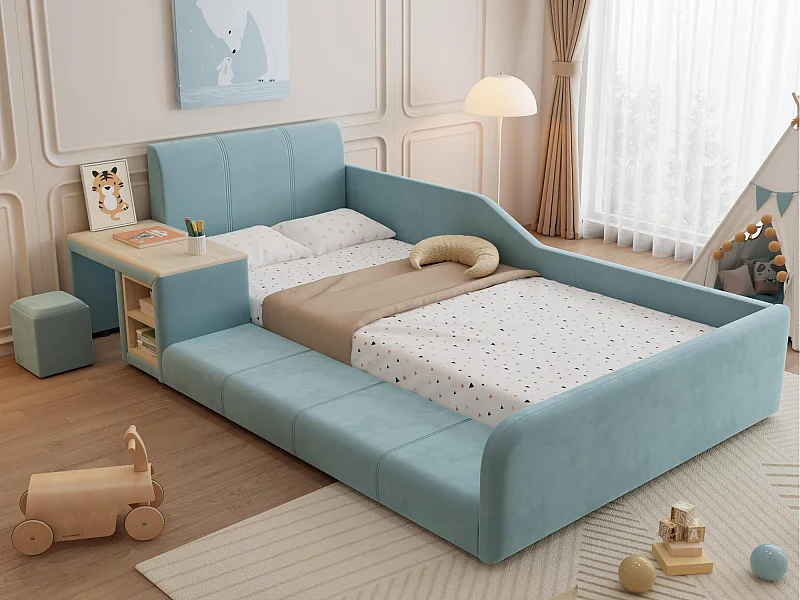 Lit enfant 90x200cm rembourré en velours - avec bureau et tabouret pour enfants - avec étagère de rangement - Bleu (sans matelas)