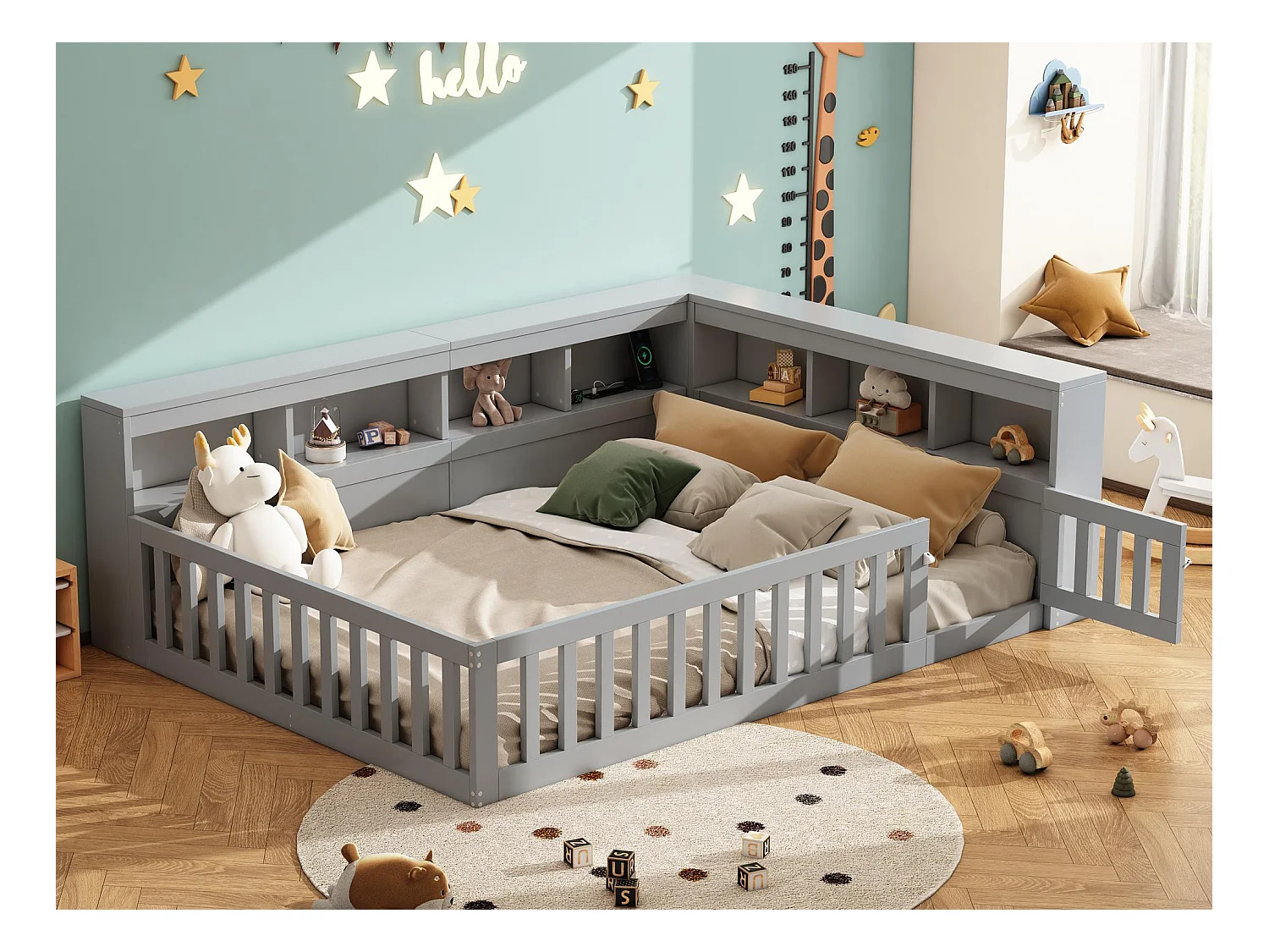Lit enfant 140x190cm - chevet avec rangements - sommier à lattes - avec prise et port USB - gris