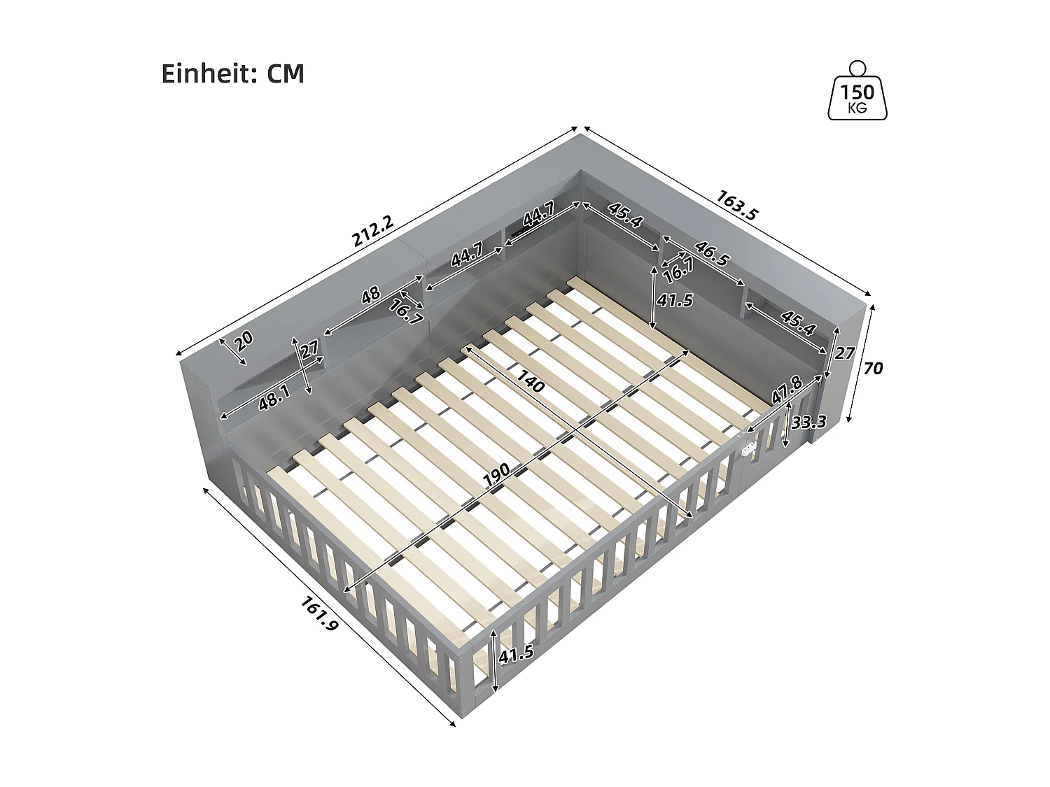 Lit enfant 140x190cm - chevet avec rangements - sommier à lattes - avec prise et port USB - gris