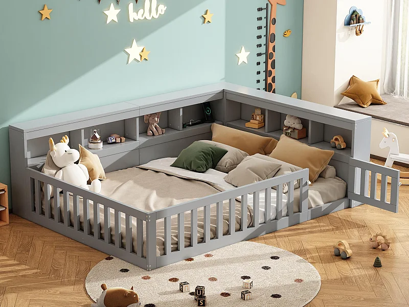 Lit enfant 140x190cm - chevet avec rangements - sommier à lattes - avec prise et port USB - gris