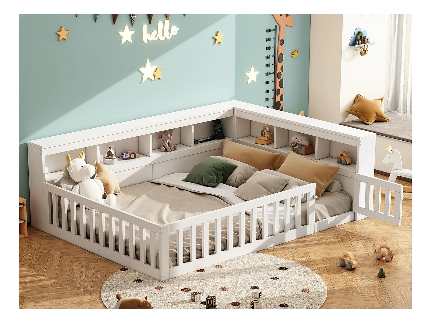 Lit enfant 140x190cm - chevet avec rangements - sommier à lattes - avec prise et port USB - blanc
