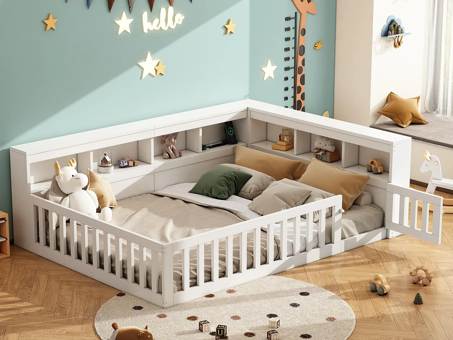 Kinderbett 140x190 cm - Kopfteil mit Staufach - Lattenrost - mit Steckdose und USB-Anschluss - weiß