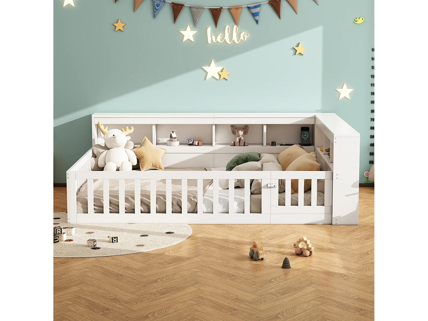 Kinderbett 140x190 cm - Kopfteil mit Staufach - Lattenrost - mit Steckdose und USB-Anschluss - weiß