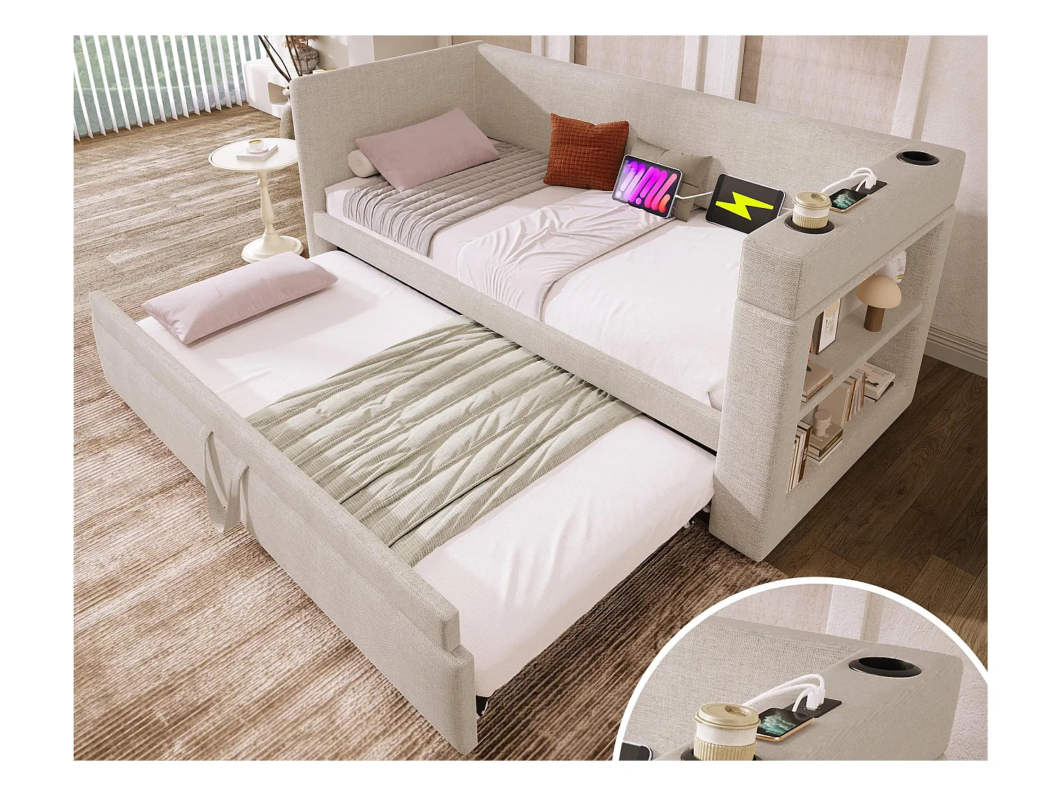 Lit banquette capitonné 90x190 cm - avec lit gigogne 90x190 cm - avec USB et Type-C - avec porte-gobelet - Beige (sans matelas)