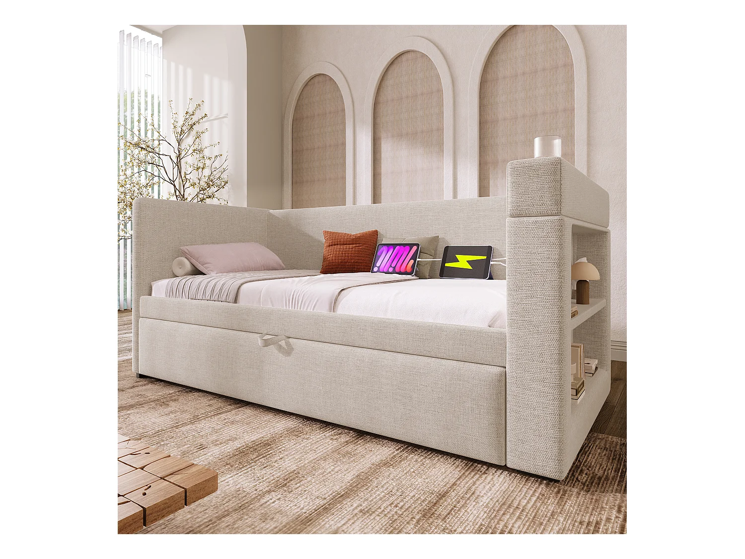 Lit banquette capitonné 90x190 cm - avec lit gigogne 90x190 cm - avec USB et Type-C - avec porte-gobelet - Beige (sans matelas)