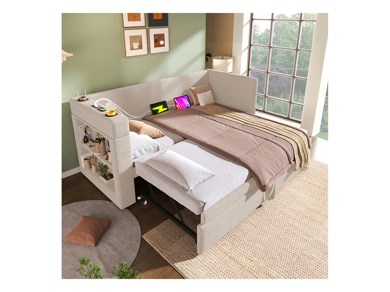 Lit banquette capitonné 90x190 cm - avec lit gigogne 90x190 cm - avec USB et Type-C - avec porte-gobelet - Beige (sans matelas)