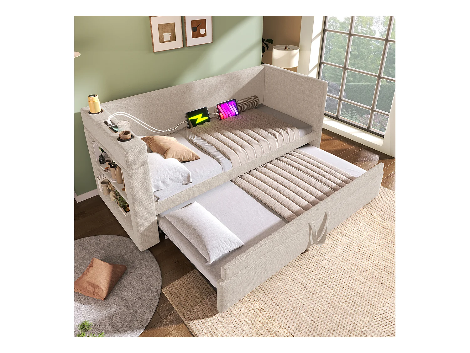 Lit banquette capitonné 90x190 cm - avec lit gigogne 90x190 cm - avec USB et Type-C - avec porte-gobelet - Beige (sans matelas)