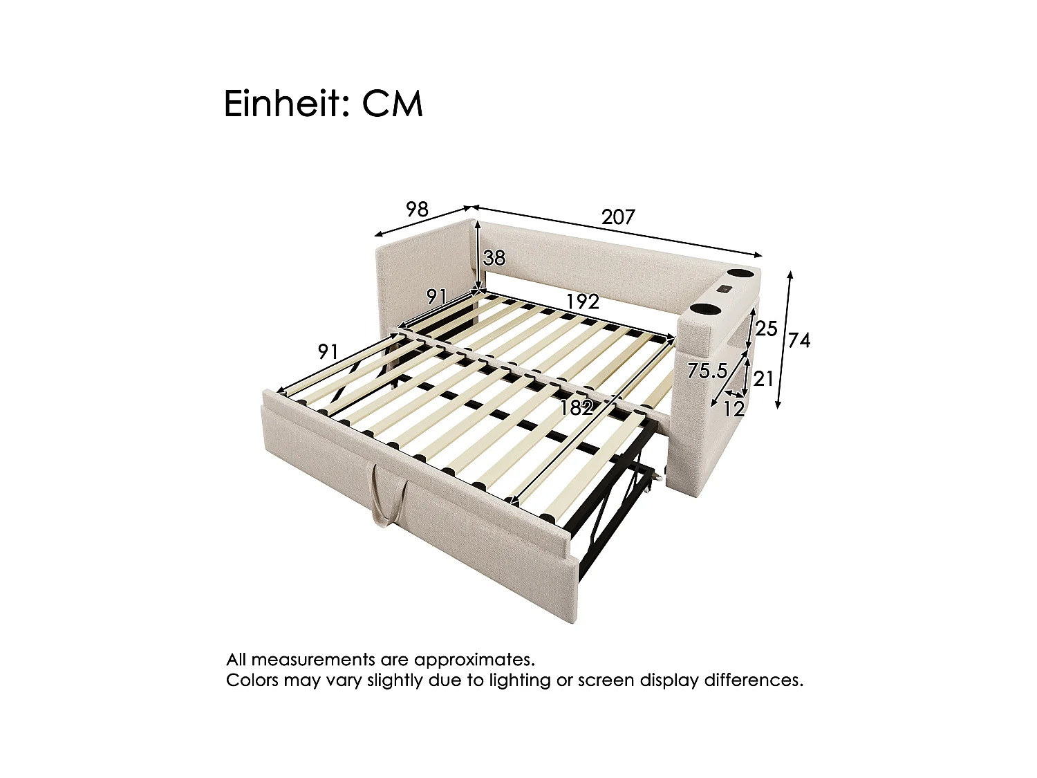 Lit banquette capitonné 90x190 cm - avec lit gigogne 90x190 cm - avec USB et Type-C - avec porte-gobelet - Beige (sans matelas)