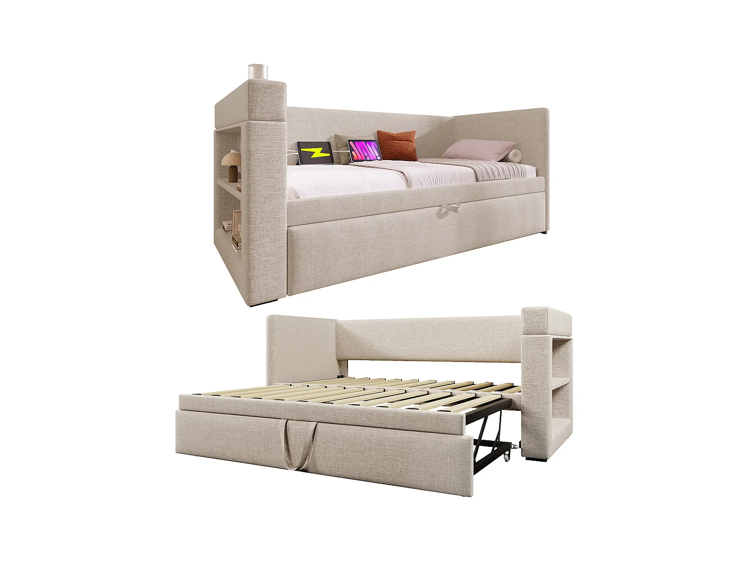 Lit banquette capitonné 90x190 cm - avec lit gigogne 90x190 cm - avec USB et Type-C - avec porte-gobelet - Beige (sans matelas)