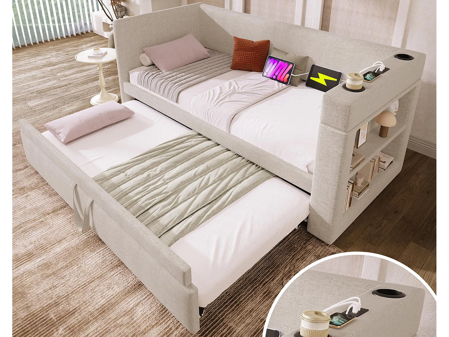 Gepolstertes Schlafsofa 90x190 cm - mit Ausziehbett 90x190 cm - mit USB- und Type-C-Anschlüssen - mit Becherhalter - Beige (ohne Matratze)