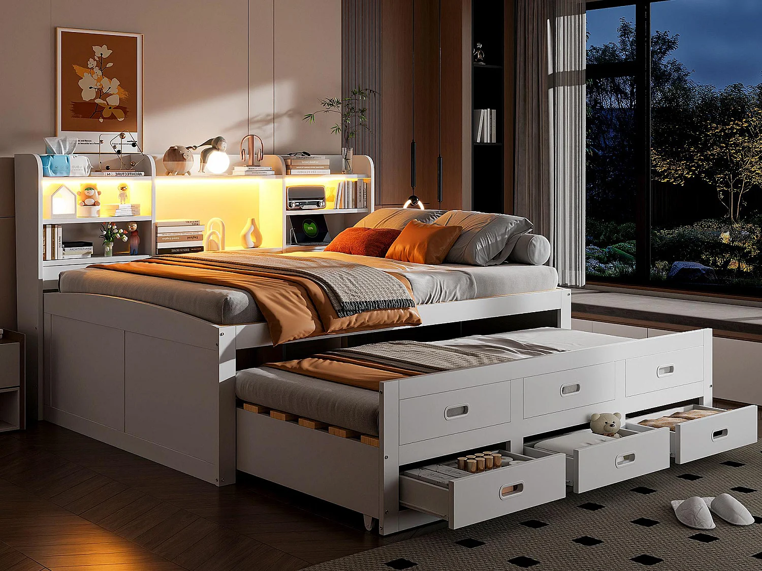 Slaapbank 140x200 cm - met LED-verlichting - 3 laden - met USB + Type-C - wit (matras niet inbegrepen)