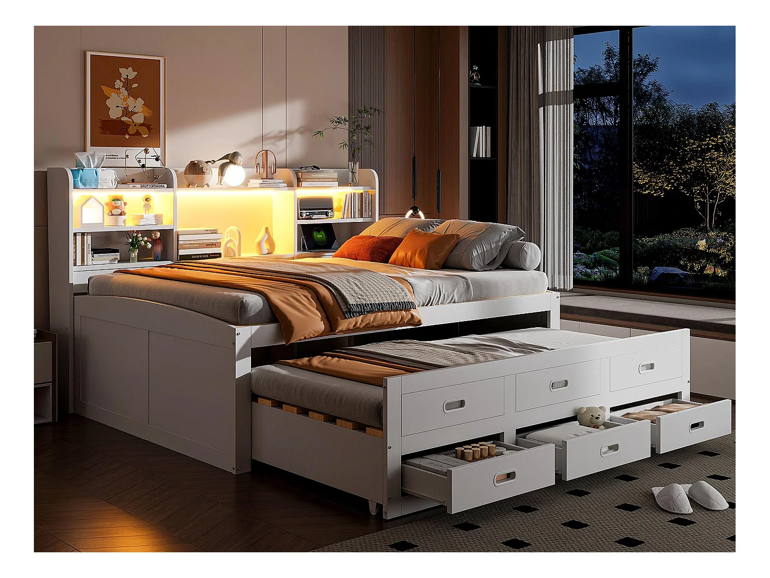 Canapé-lit 140x200cm - avec éclairage LED - 3 tiroirs - avec USB + Type-C - blanc (matelas non inclus)