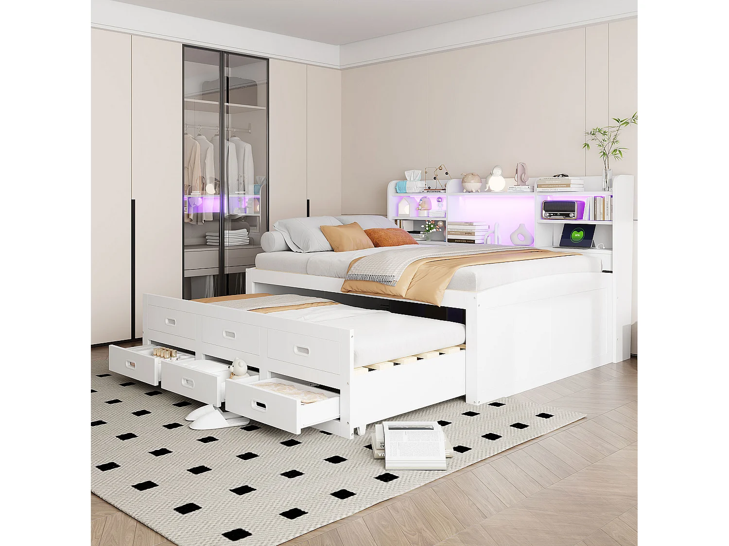 Divano letto 140x200 cm - con illuminazione LED - 3 cassetti - con USB + Type-C - bianco (materasso non incluso)