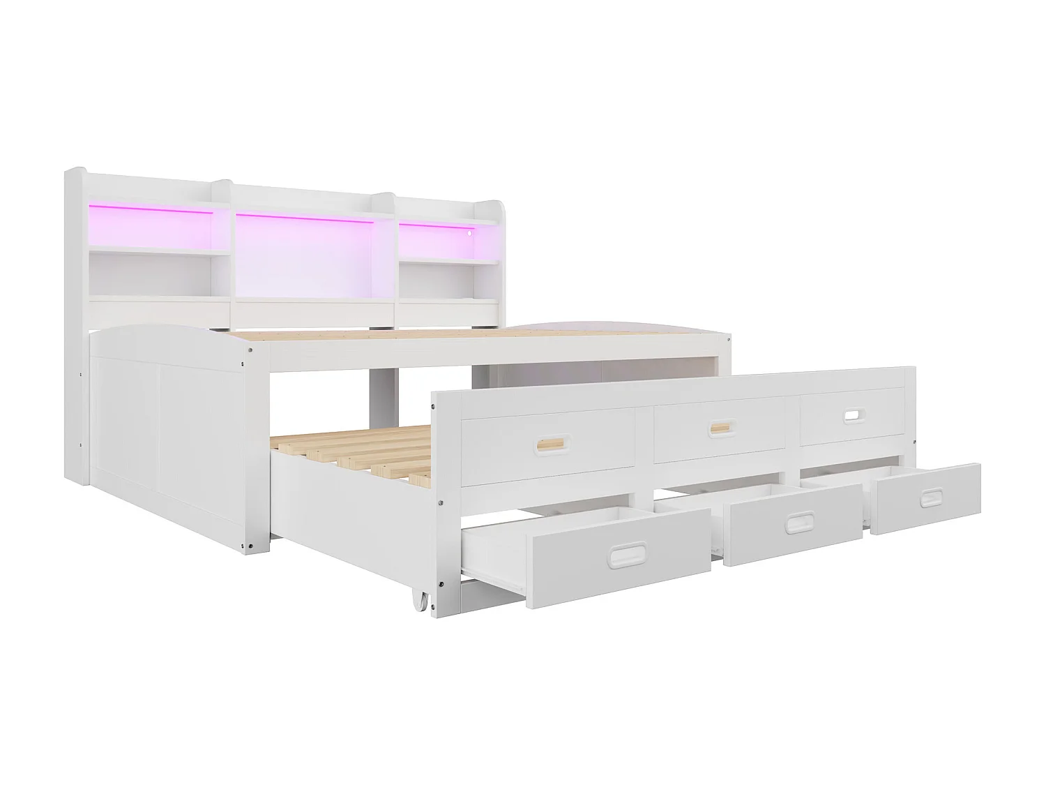 Divano letto 140x200 cm - con illuminazione LED - 3 cassetti - con USB + Type-C - bianco (materasso non incluso)