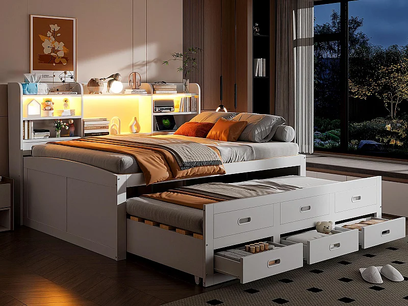 Canapé-lit 140x200cm - avec éclairage LED - 3 tiroirs - avec USB + Type-C - blanc (matelas non inclus)