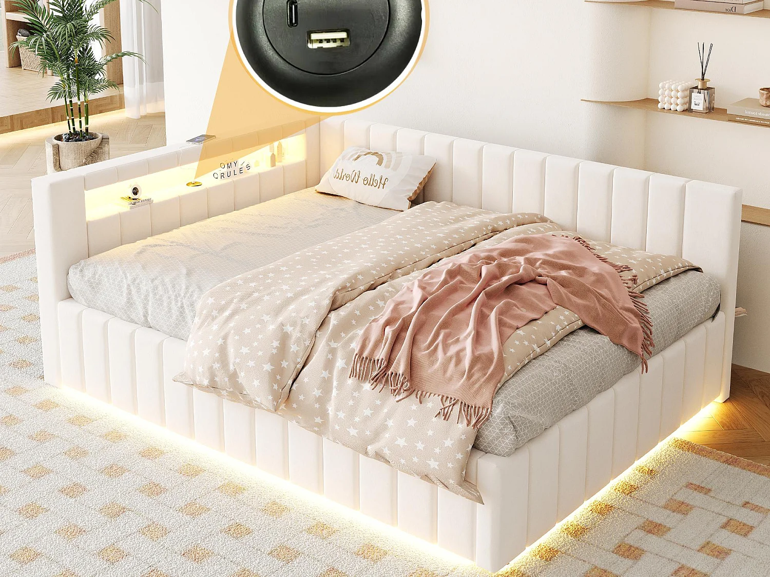 Rozkładana sofa 140x200 cm - z oświetleniem LED i ładowaniem USB - Aksamit - Beżowa (bez materaca)