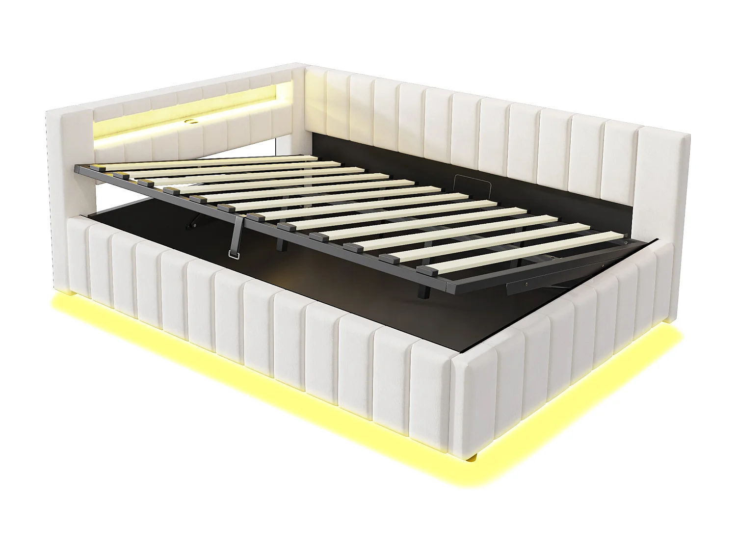 Rozkładana sofa 140x200 cm - z oświetleniem LED i ładowaniem USB - Aksamit - Beżowa (bez materaca)