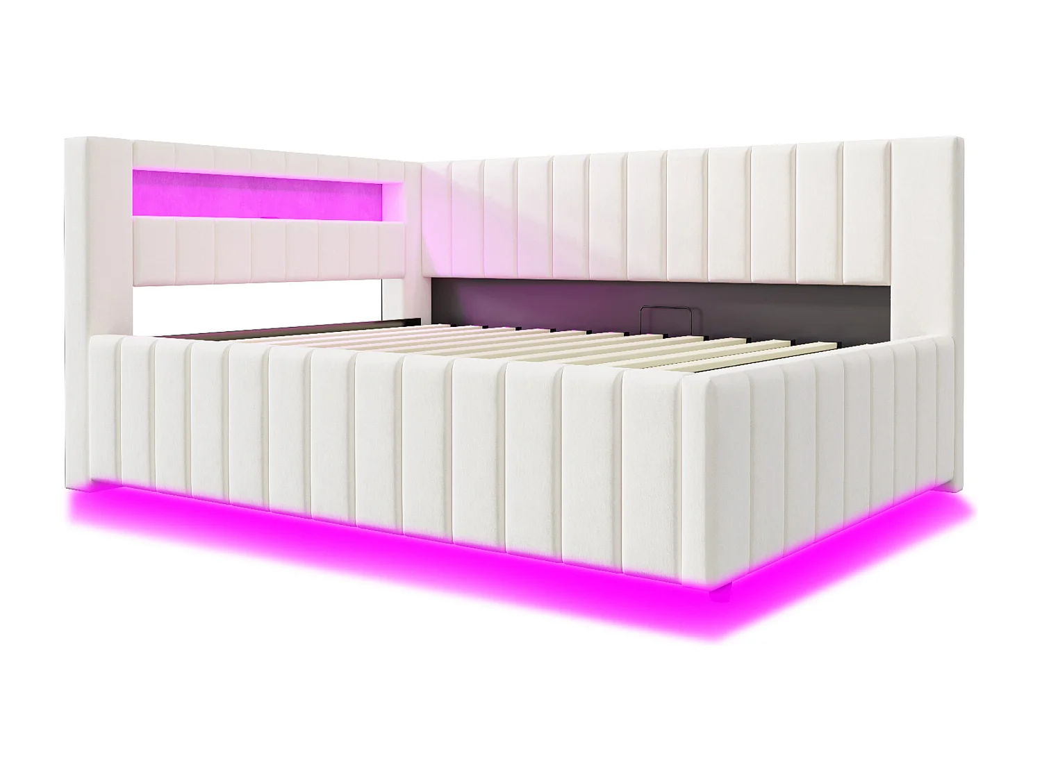 Rozkładana sofa 140x200 cm - z oświetleniem LED i ładowaniem USB - Aksamit - Beżowa (bez materaca)