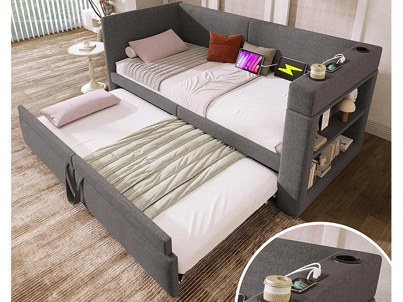 Sofá-cama acolchoado 90x200 cm - com cama extensível 90x200 cm - com portas USB e Type-C - com porta-copos - Cinza (sem colchão)