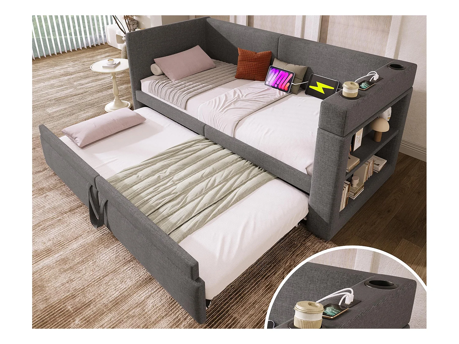 Lit banquette capitonné 90x200 cm - avec lit gigogne 90x200 cm - avec USB et Type-C - avec porte-gobelet - Gris (sans matelas)