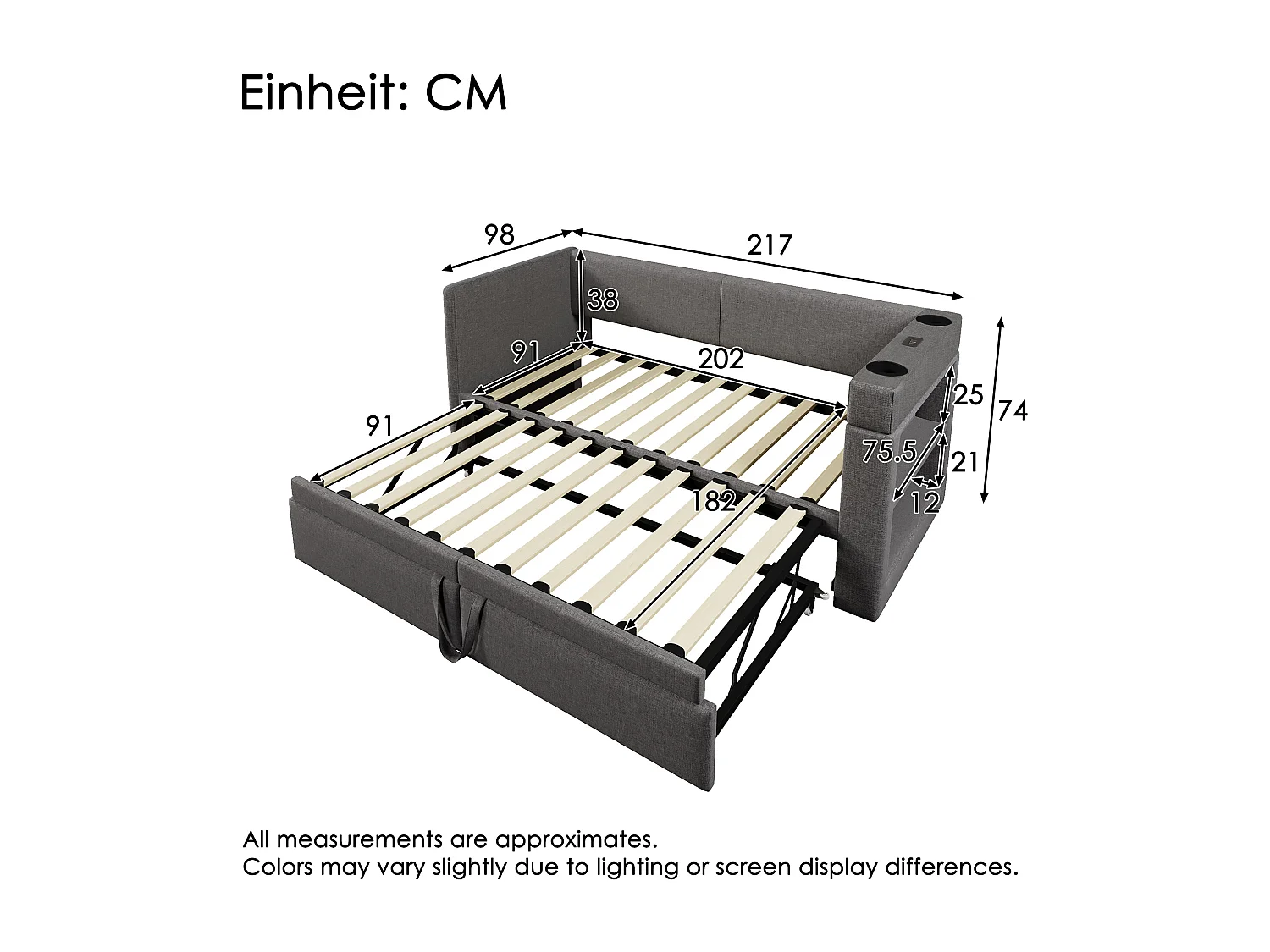 Lit banquette capitonné 90x200 cm - avec lit gigogne 90x200 cm - avec USB et Type-C - avec porte-gobelet - Gris (sans matelas)