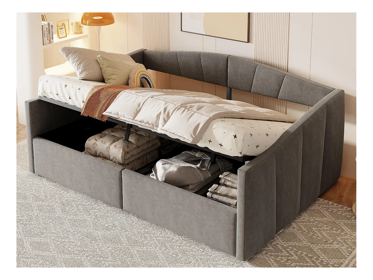 Canapé-lit rembourré 140x200cm - avec sommier à lattes - tissu velours - Gris (matelas non inclus)