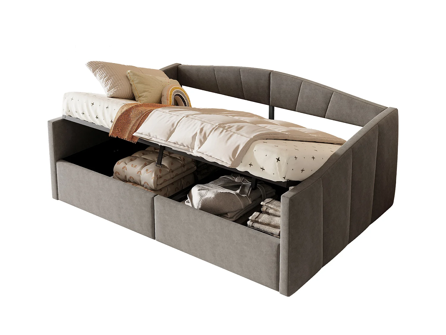 Canapé-lit rembourré 140x200cm - avec sommier à lattes - tissu velours - Gris (matelas non inclus)