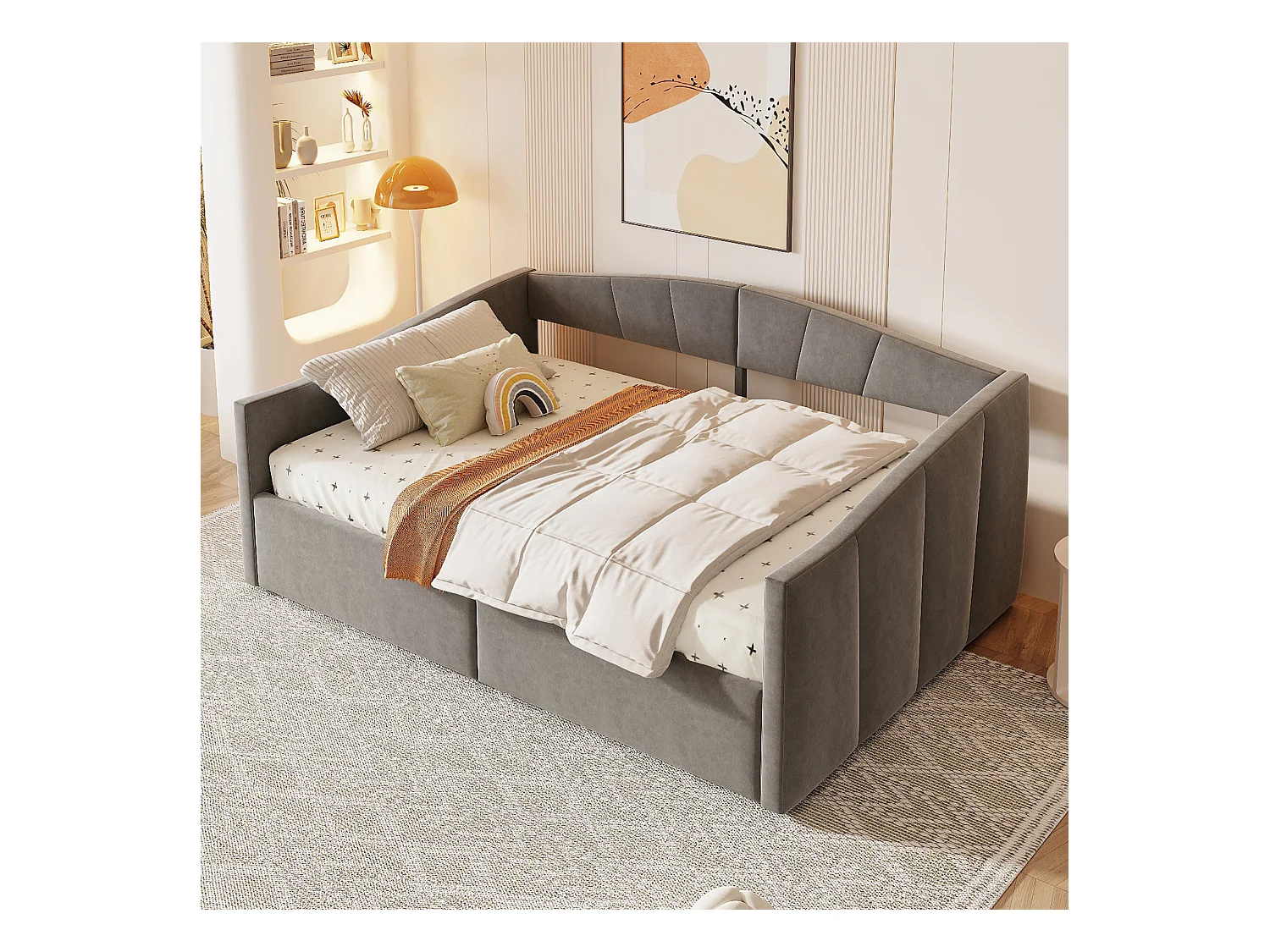 Canapé-lit rembourré 140x200cm - avec sommier à lattes - tissu velours - Gris (matelas non inclus)