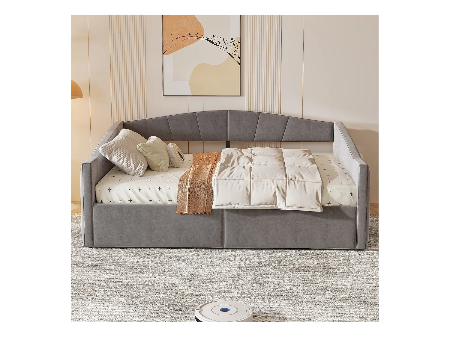 Canapé-lit rembourré 140x200cm - avec sommier à lattes - tissu velours - Gris (matelas non inclus)