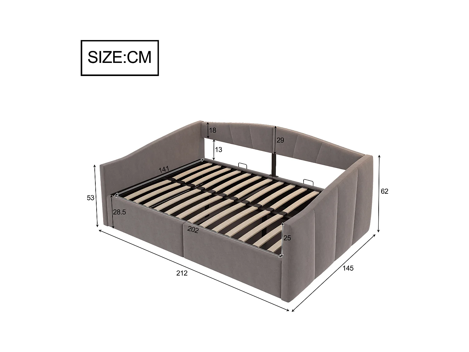 Canapé-lit rembourré 140x200cm - avec sommier à lattes - tissu velours - Gris (matelas non inclus)