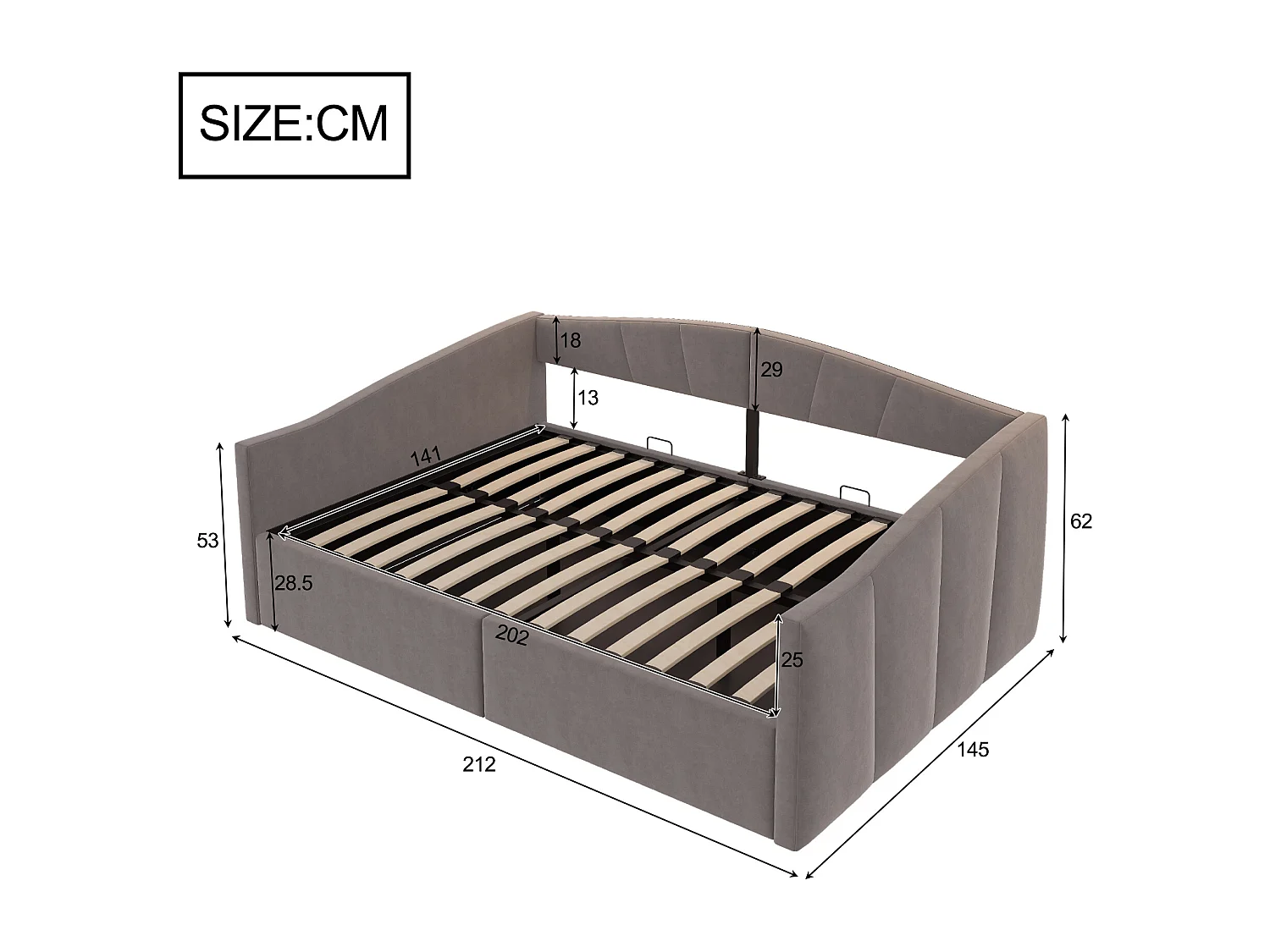 Canapé-lit rembourré 140x200cm - avec sommier à lattes - tissu velours - Gris (matelas non inclus)