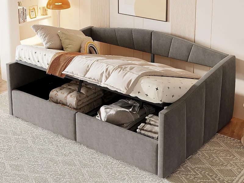 Canapé-lit rembourré 140x200cm - avec sommier à lattes - tissu velours - Gris (matelas non inclus)