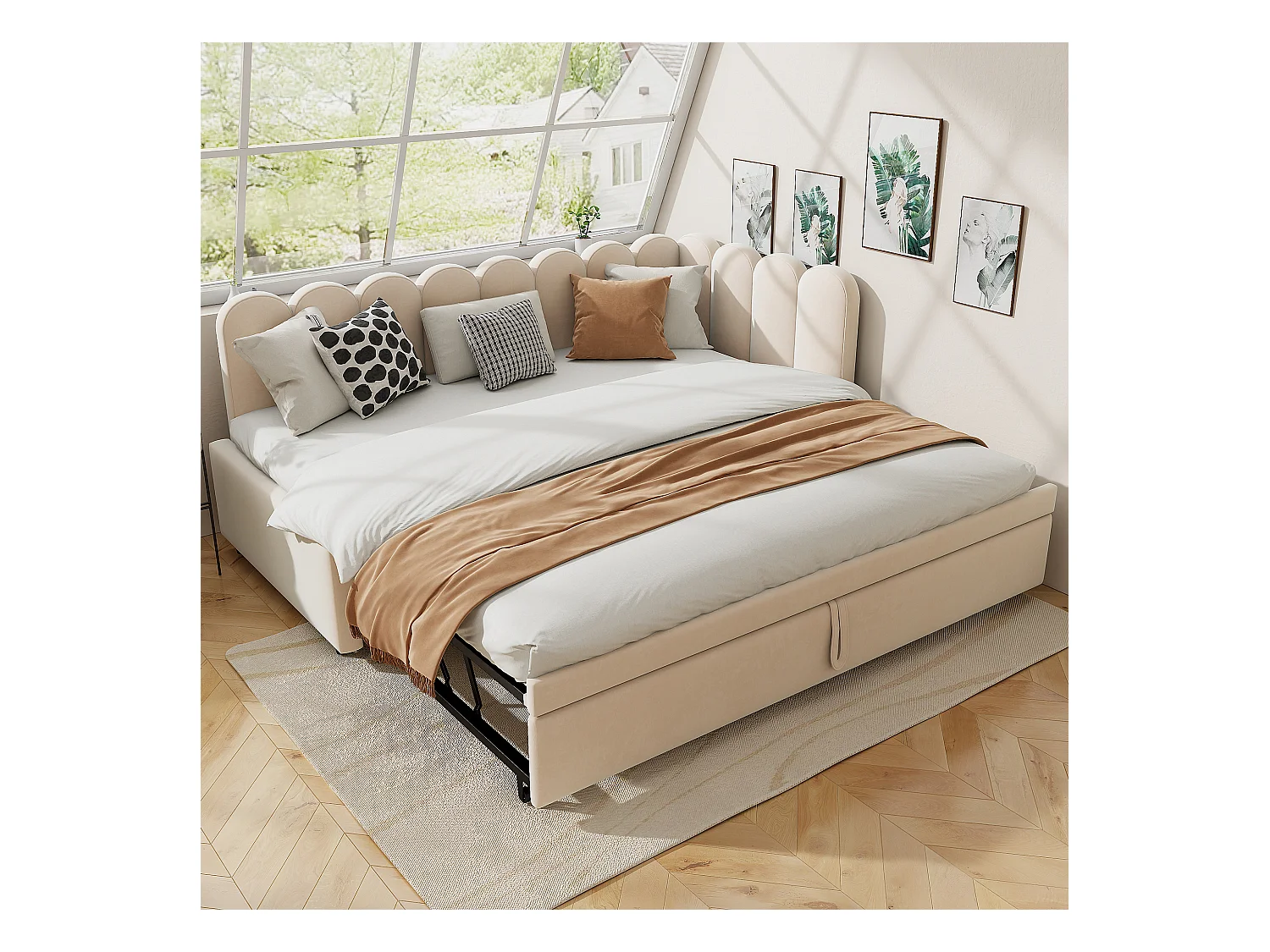 2-in-1-Polsterschlafsofa für Kinder – 90/180 x 200 cm – L-Form – Samt, Sperrholz, MDF – Beige