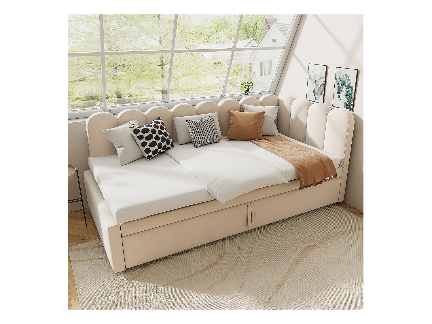 2-in-1-Polsterschlafsofa für Kinder – 90/180 x 200 cm – L-Form – Samt, Sperrholz, MDF – Beige