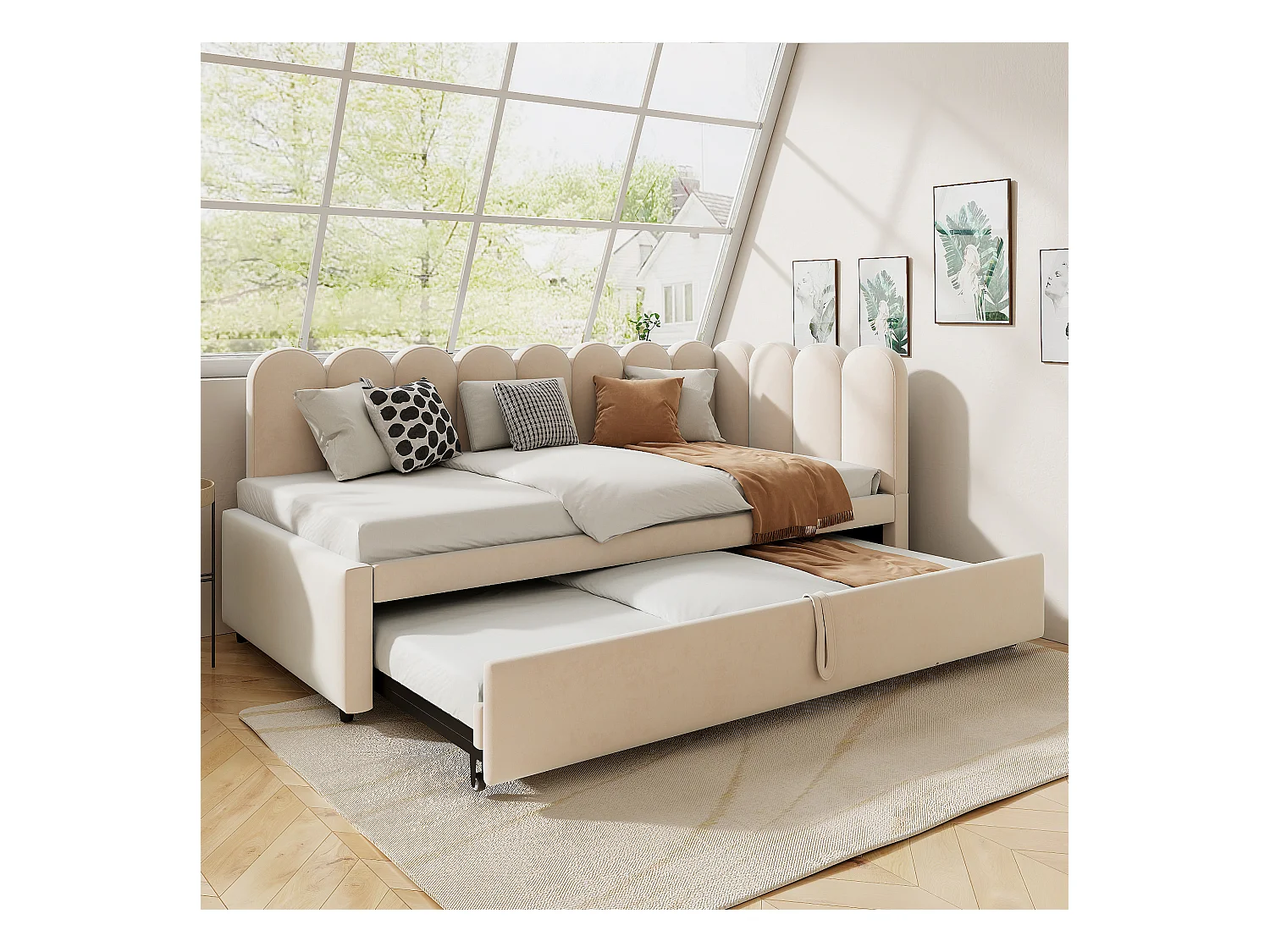 2-in-1-Polsterschlafsofa für Kinder – 90/180 x 200 cm – L-Form – Samt, Sperrholz, MDF – Beige