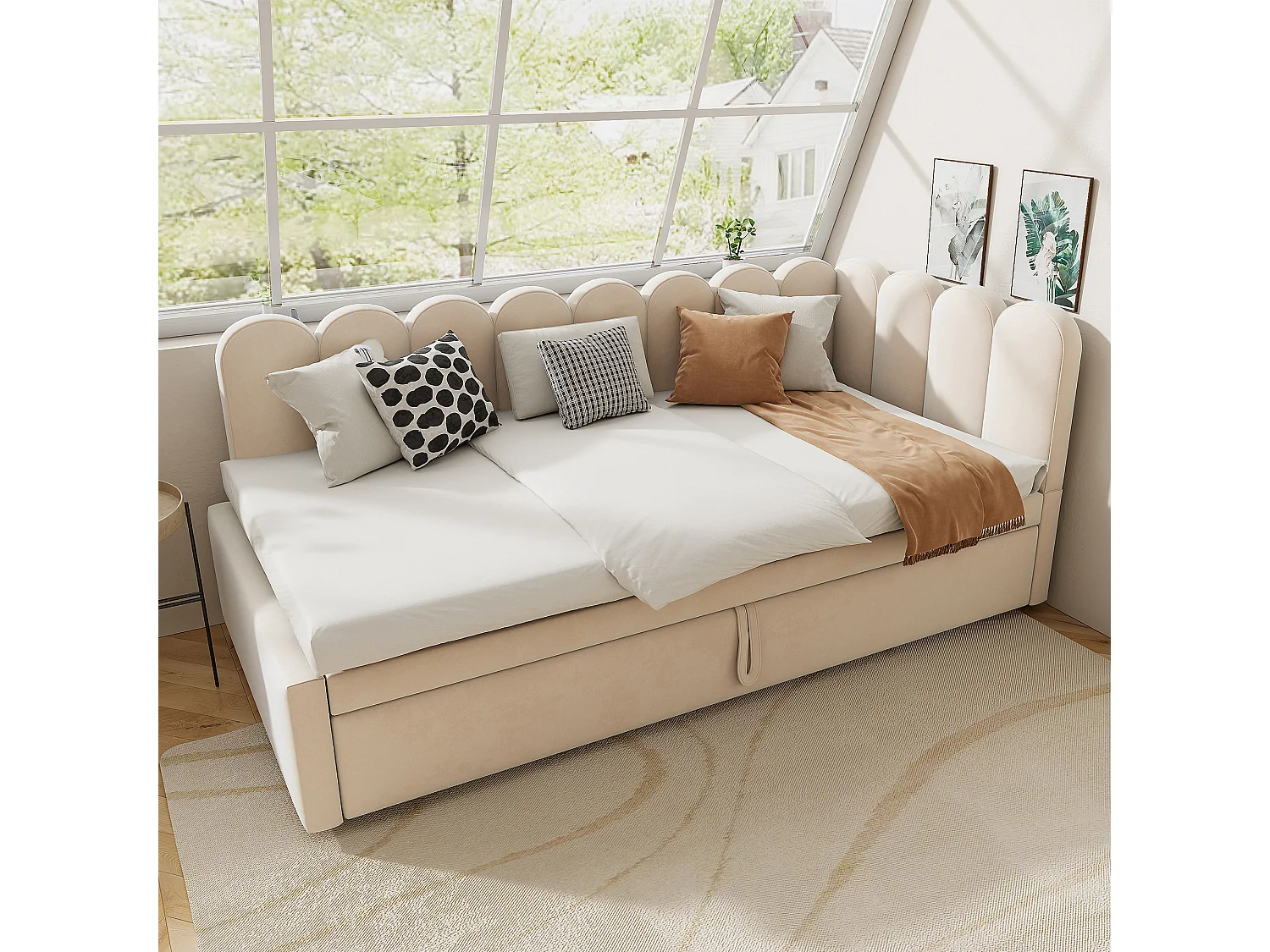 2-in-1-Polsterschlafsofa für Kinder – 90/180 x 200 cm – L-Form – Samt, Sperrholz, MDF – Beige